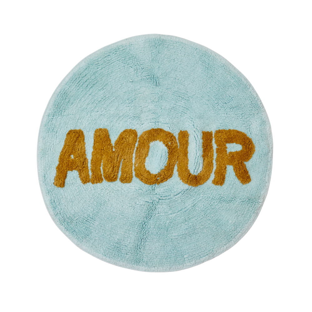 Round Floor Mat in Mint Blue with the word AMOUR By Rice DK